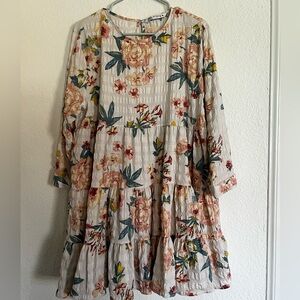 EUC Zara Ecru Floral Babydoll Dress Multicolor Tiered Swingy Boho SIZE XXL